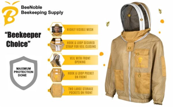 Commercial beekeeper wearing khaki bee jacket during apiary work