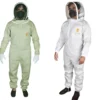 White cotton bee suit with leather gloves and round veil