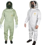 White cotton bee suit with leather gloves and round veil