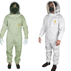 White cotton bee suit with leather gloves and round veil