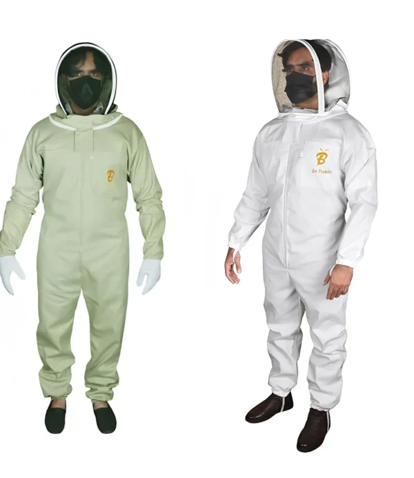 White cotton bee suit with leather gloves and round veil