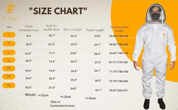 Be Noble cotton bee suit size chart S to 4XL