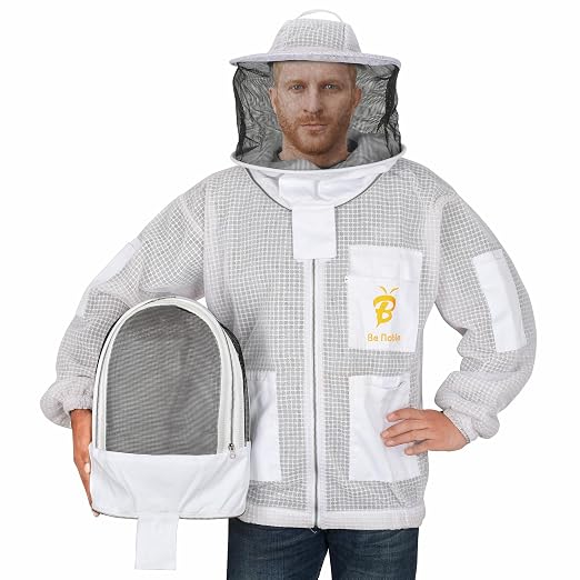 Beekeeper using zip-open front of fencing veil for quick face access during hive work