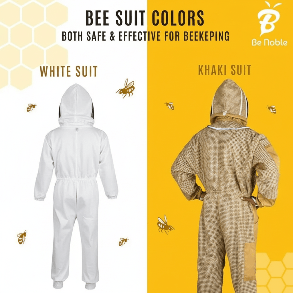 Comparison of white and khaki bee suit colors showing both are safe for beekeeping
