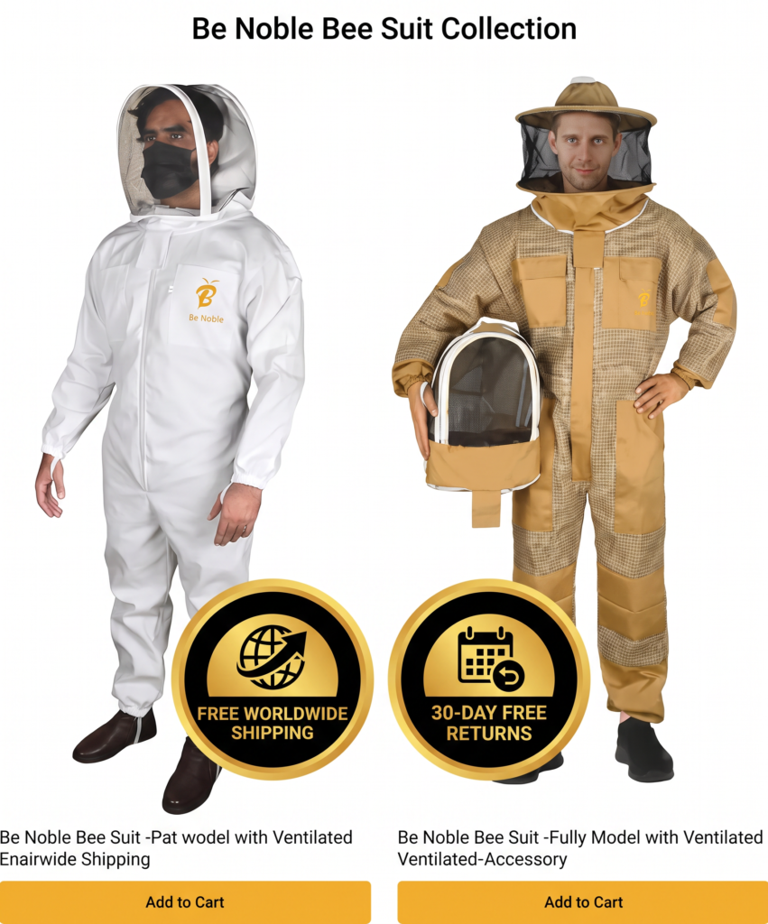 Free worldwide shipping and 30-day return badges on Be Noble bee suit product page